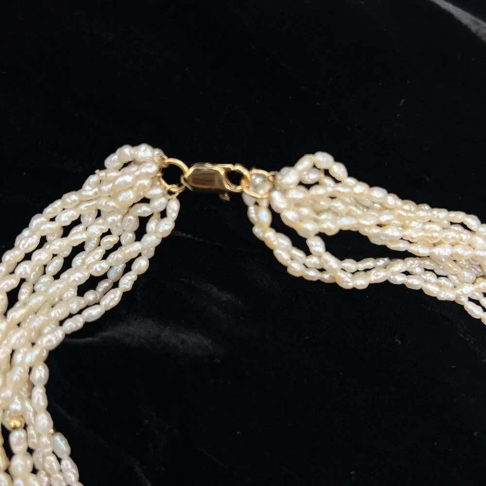Vintage Keshi Pearl 10 Strand Choker Necklace 14K Gold Accent Beads
